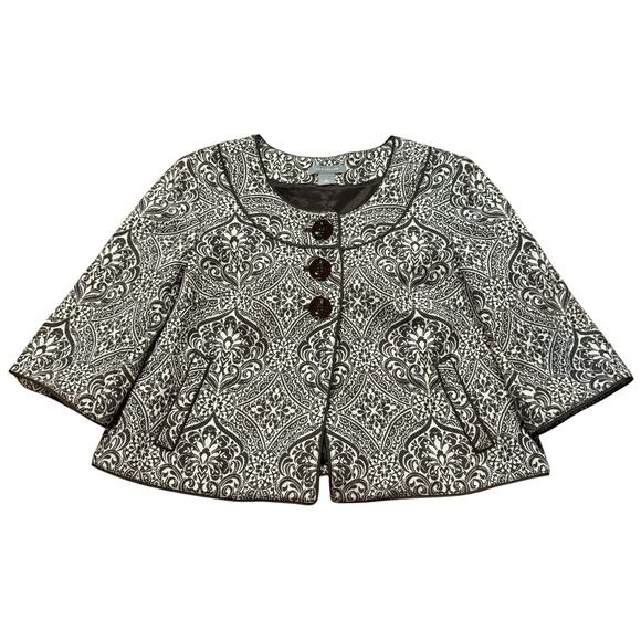 Ann Taylor Three Button 3/4 Sleeve Brown Ivory Damask Crop Swing Jacket Size 8 - Picture 6 of 12